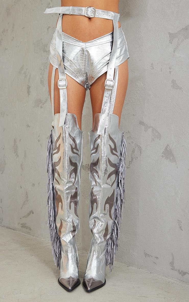 Silver Metallic Fringe Thigh High Buckle Belt Strap Western Boots Product Image