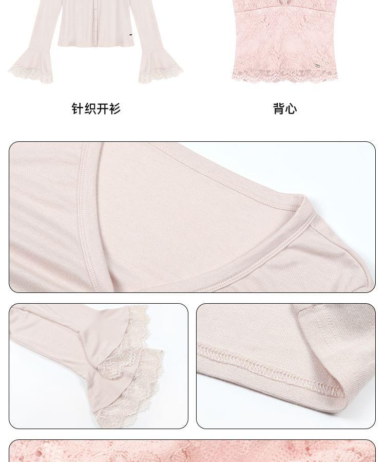 V-Neck Lace Crop Camisole Top / Plain Open Front Cardigan Product Image