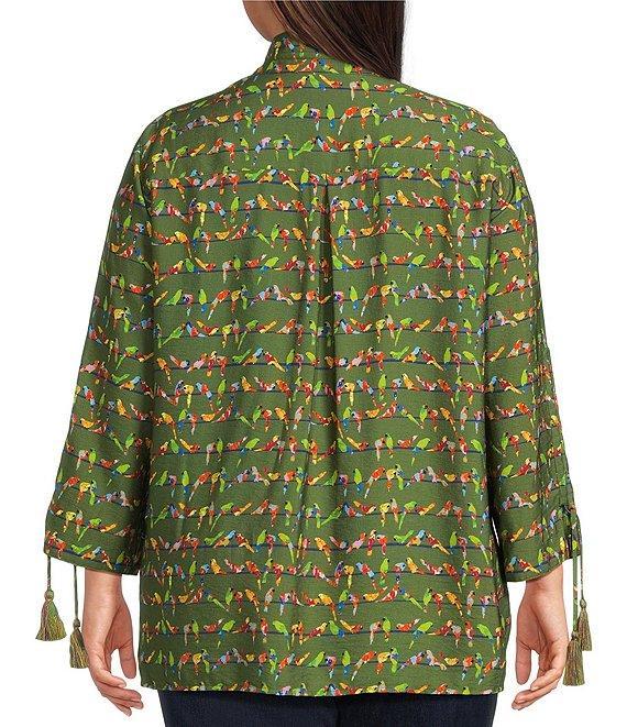 John Mark Plus Size Woven Parrot Print Wire Collar 3/4 Cinched Tie Sleeve Hi Low Hem Button Front Tunic Product Image