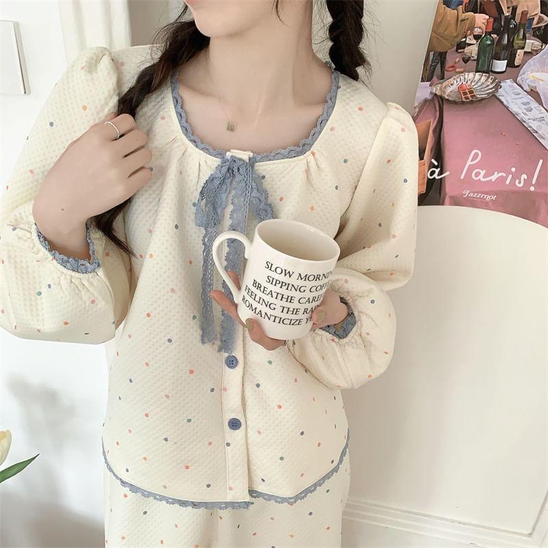 Pajama Set: Puff-Sleeve Dotted Lace Trim Button-Up Shirt + Pants Product Image