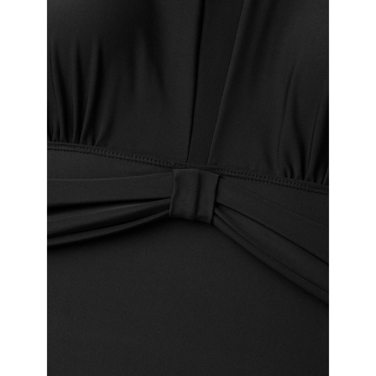 Plus Size Sheer Ruched Adjustable Straps Swim Top Women's Swimwear Black Resort Gathered High stretch Skinny Round Neck Curve Swim Tops BloomChic 18-20/2X Product Image