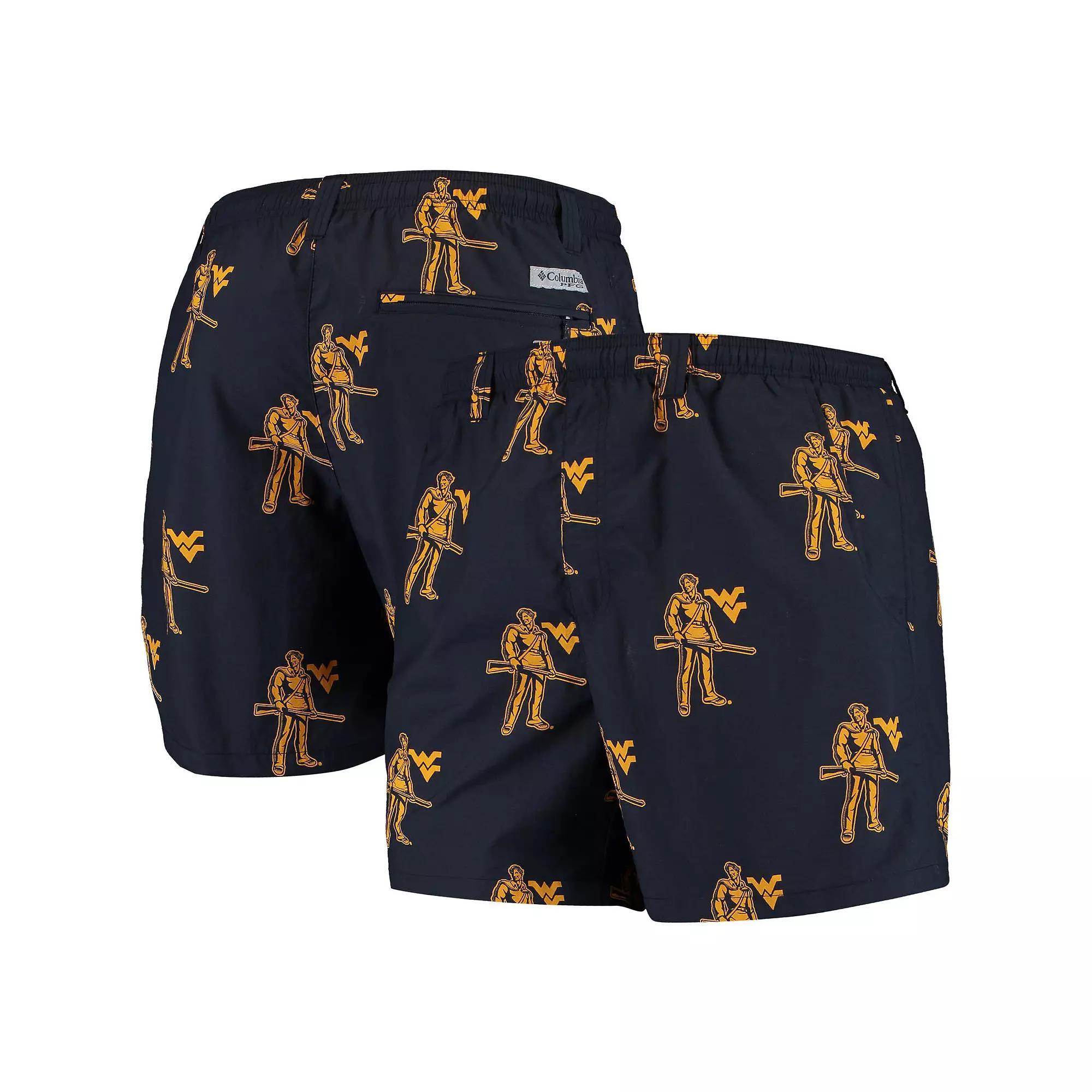Men's Columbia Navy West Virginia Mountaineers PFG Backcast II Omni-Shade Hybrid Shorts,  Product Image