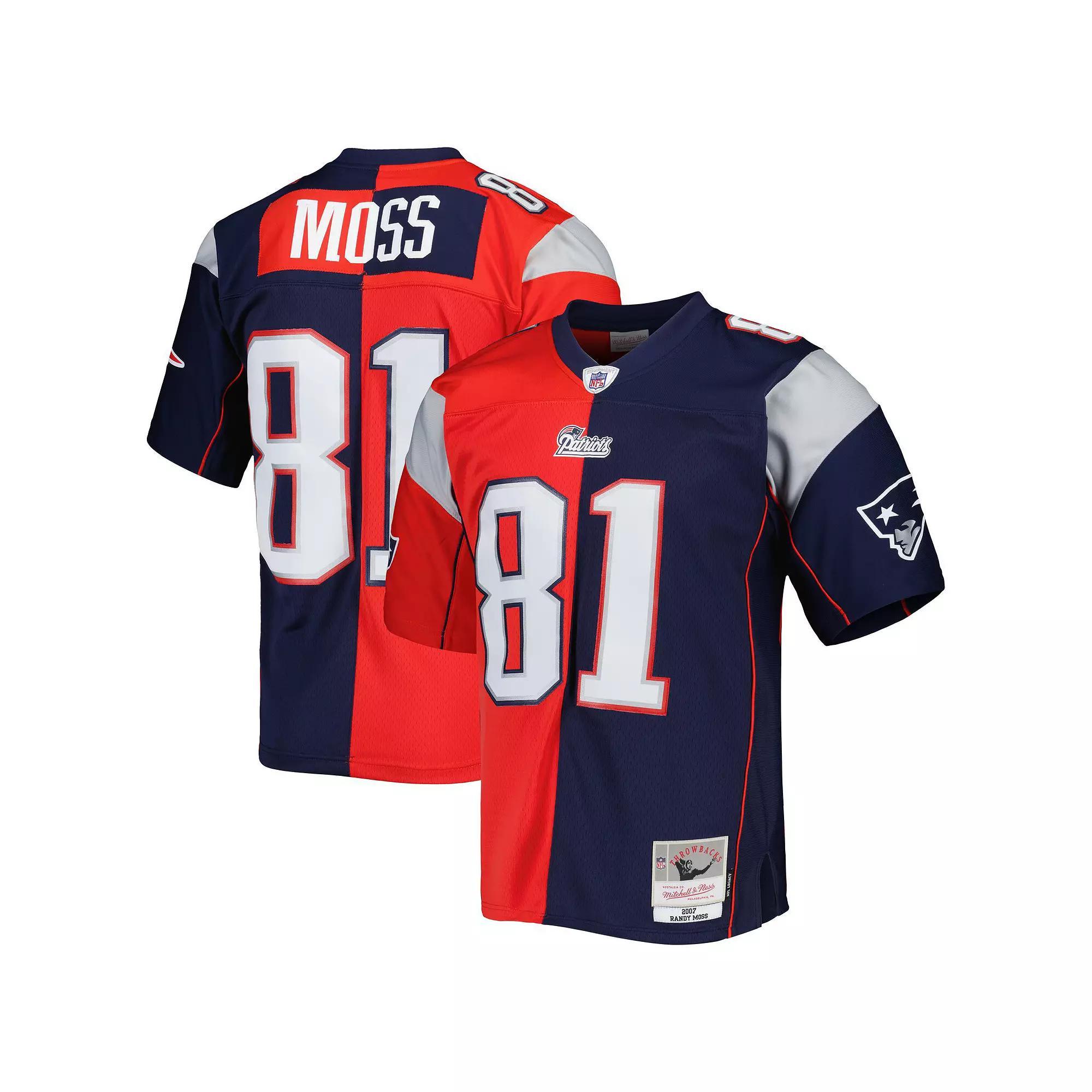 Men's Mitchell & Ness Randy Moss Navy/Red New England Patriots 2007 Split Legacy Replica Jersey, Size: 4XL, Blue Product Image