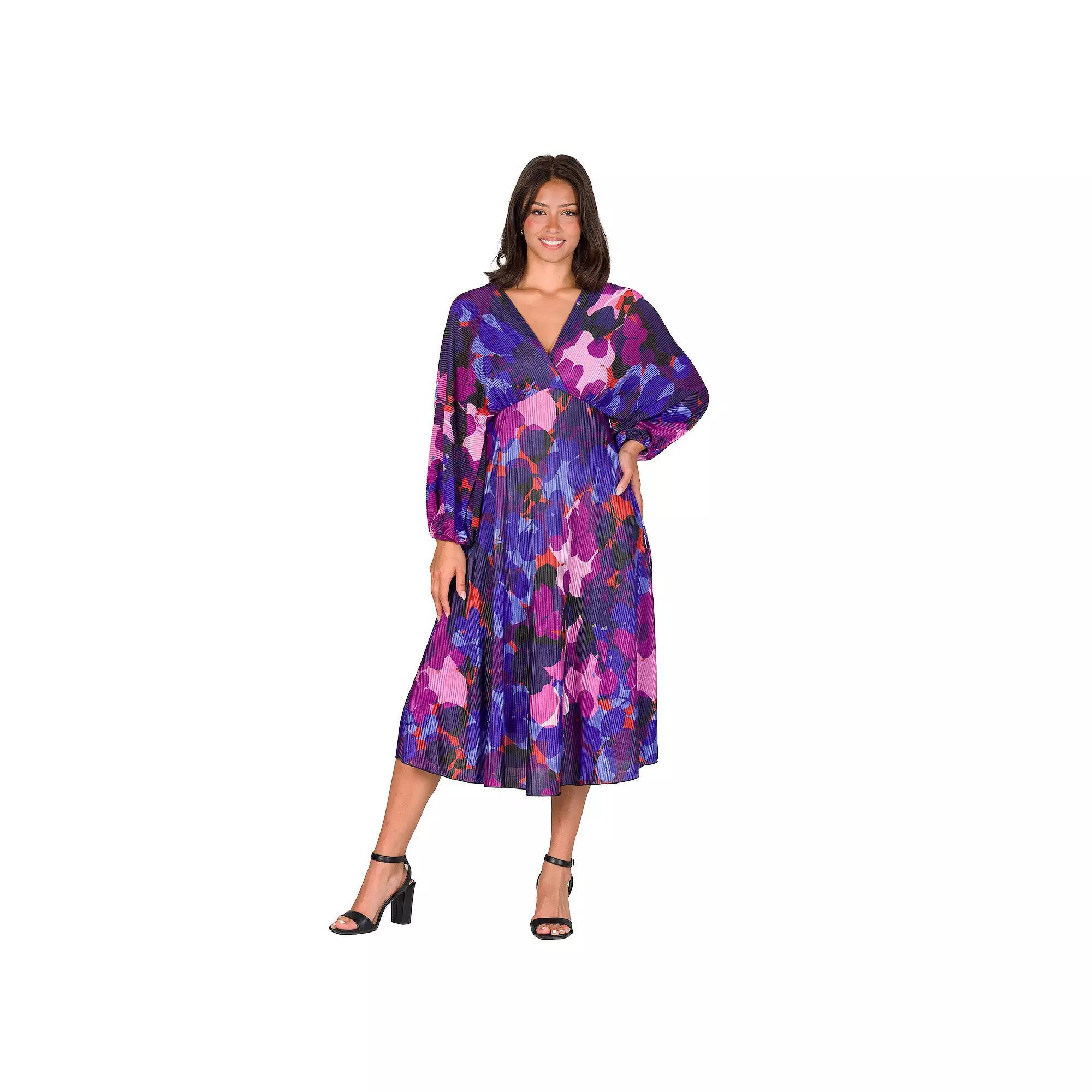 Women's 24Seven Comfort Apparel V-Neck Empire Waist Bishop Sleeve Midi Dress,  Product Image