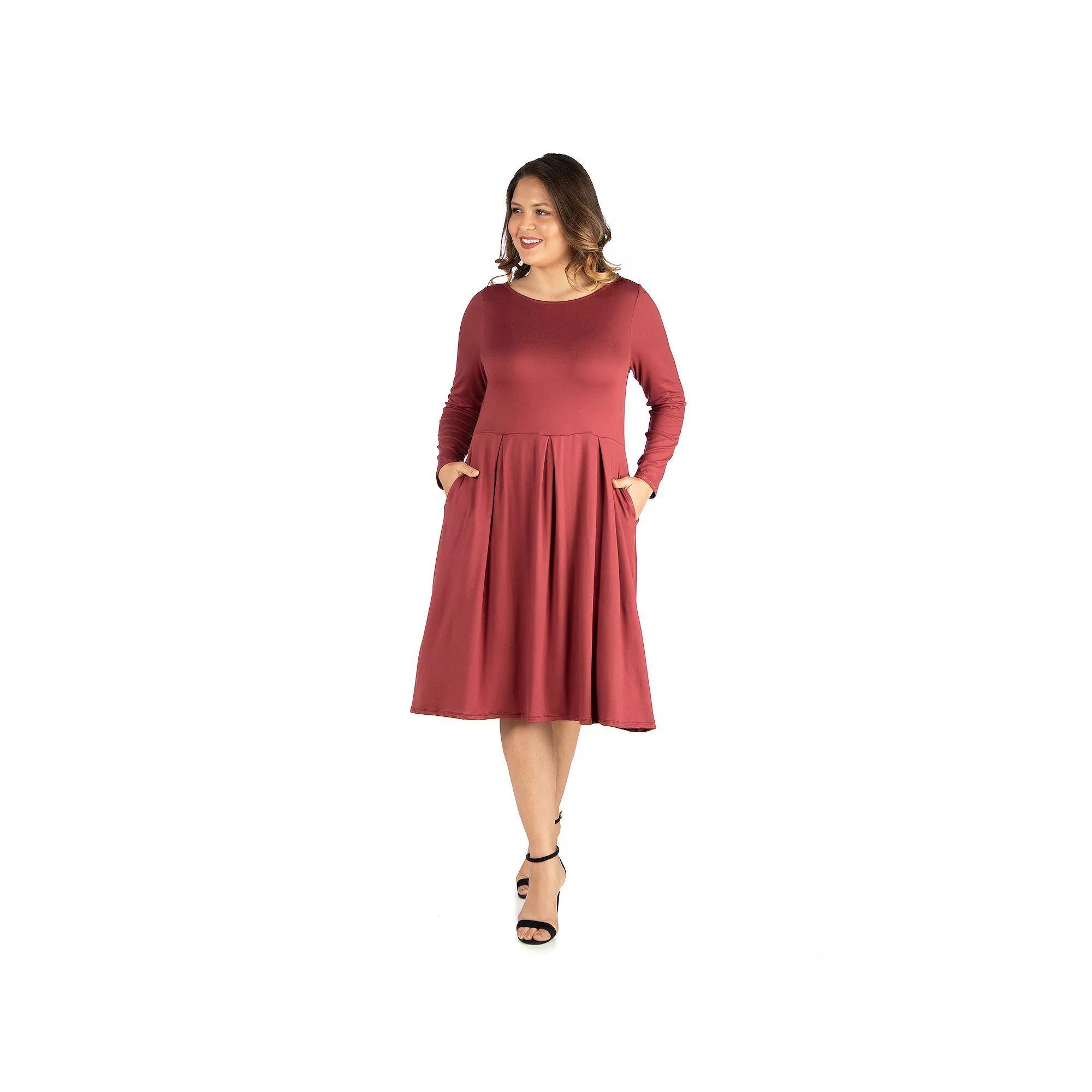 Plus Size 24seven Comfort Apparel Long Sleeve Fit and Flare Midi Dress, Women's, Size: 3XL, Brown Product Image