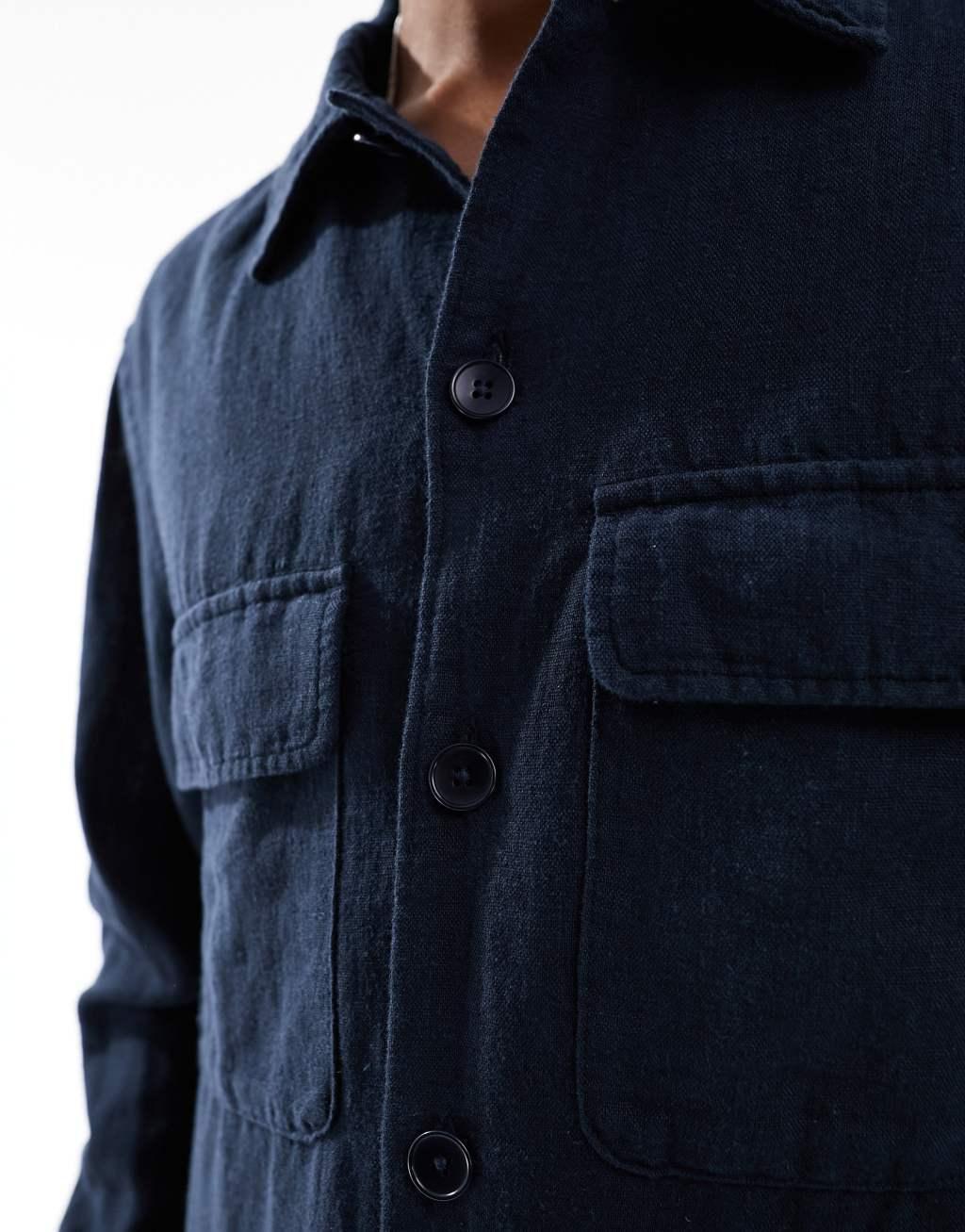 Selected Homme linen mix overshirt in navy  Product Image