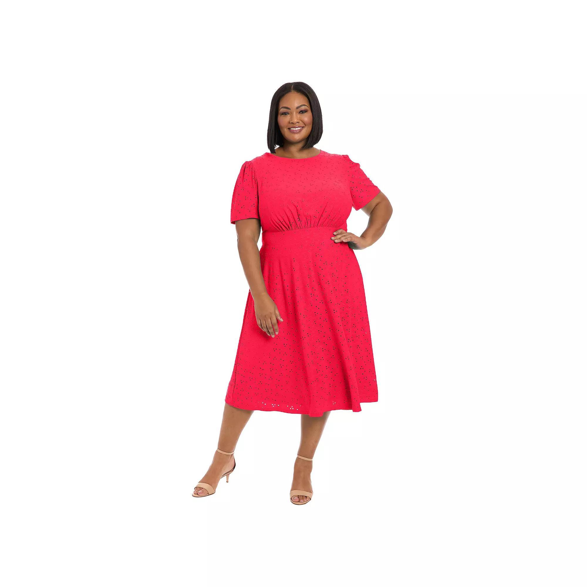 Plus Size London Times Short Sleeve Eyelet Inset Waist Midi, Women's, Size: 18 W, Pink Red Product Image