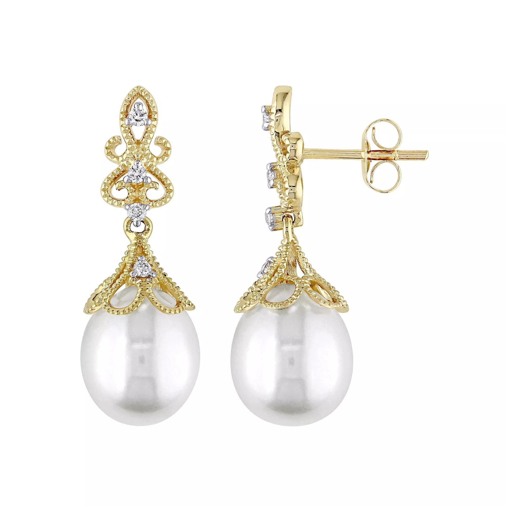 Stella Grace 14k Gold Freshwater Cultured Pearl & 1/10 Carat T.W. Diamond Vintage Drop Earrings, Women's Product Image