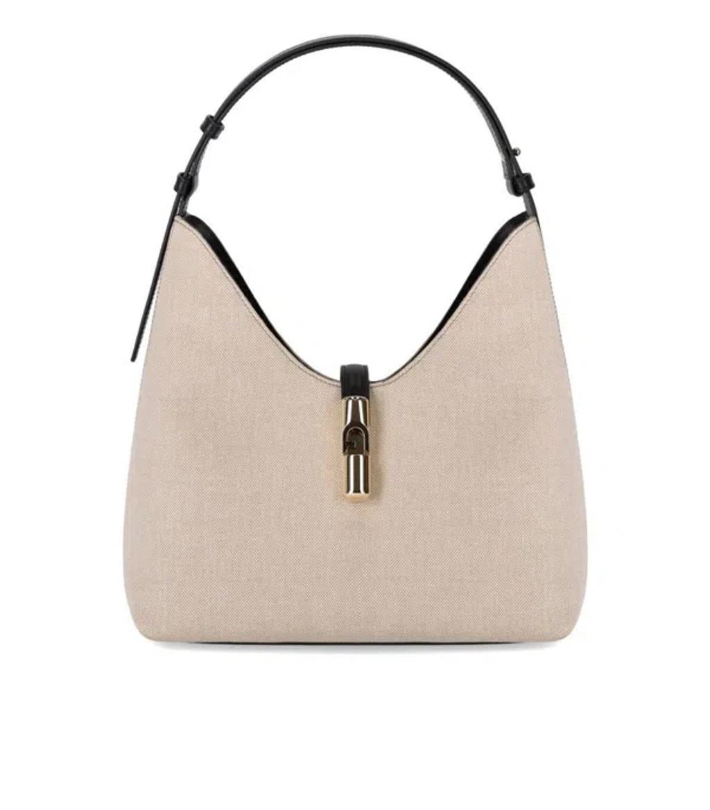 FURLA Goccia M Hobo Natural Black Shoulder Bag In Beige Product Image