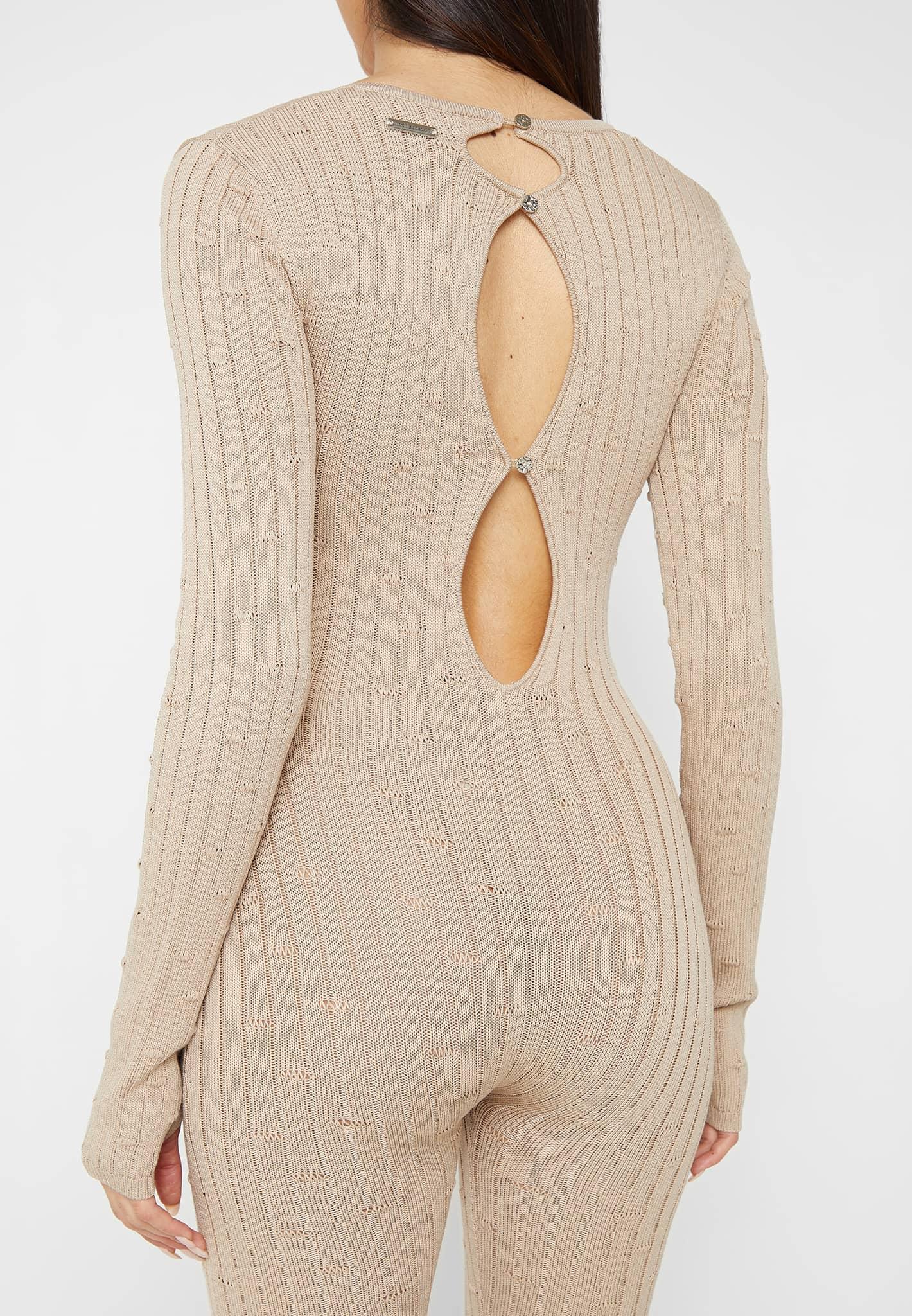 Distressed Knitted Cut Out Jumpsuit - Taupe Female Product Image