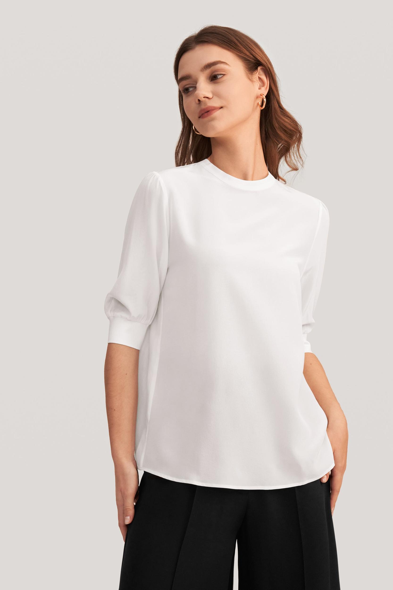 Elegant Casual Silk Tee With Rib Cuff Product Image