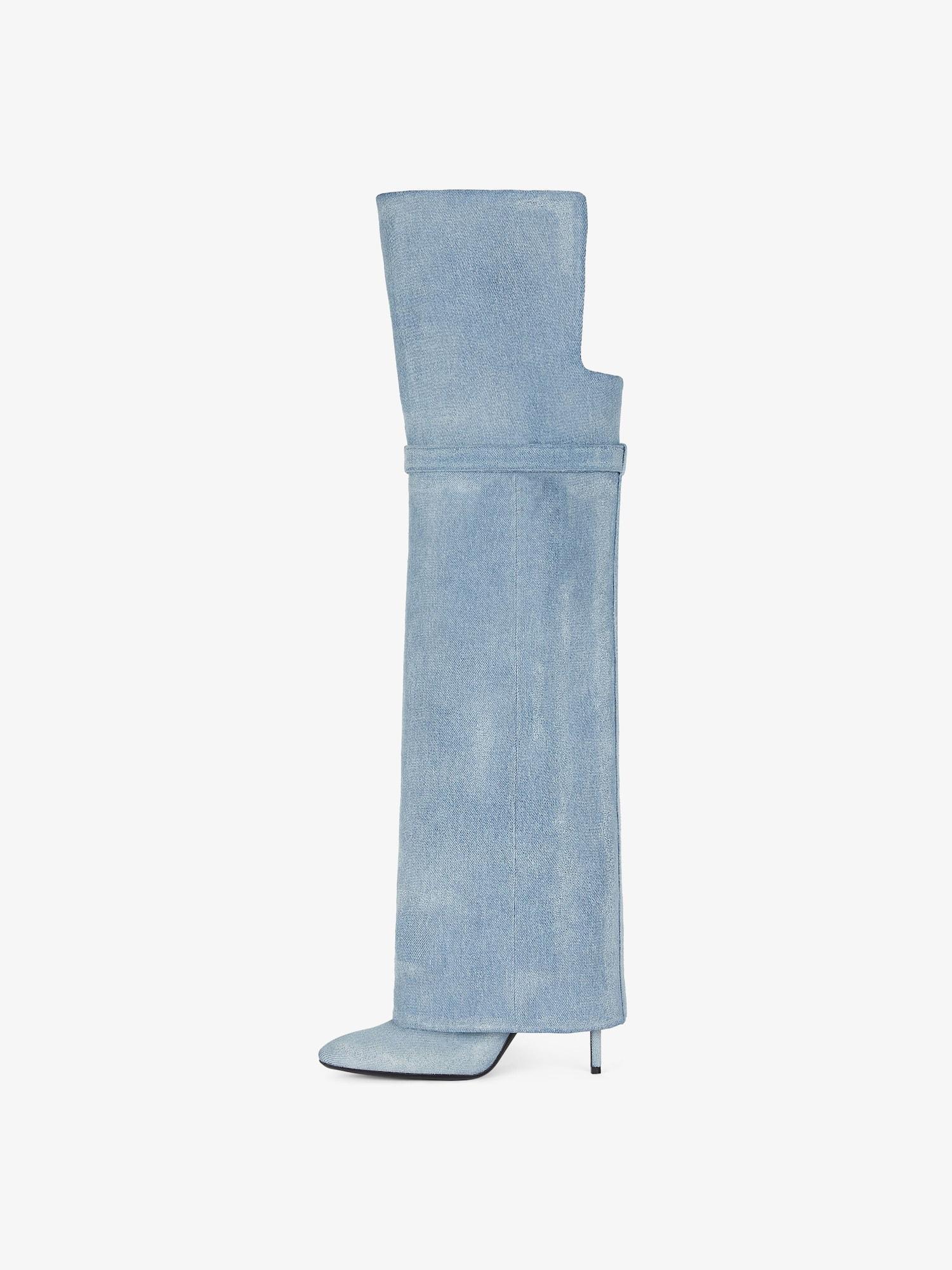 Shark Lock Stiletto over-the-knee boots in washed denim Product Image