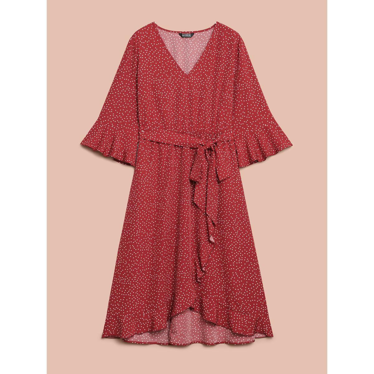Plus Size Polka Dots Waist-Tie Ruffled Midi Dress Scarlet Women Romantic Overlapping V-neck Elbow-length sleeve Curvy BloomChic 26/4X Product Image
