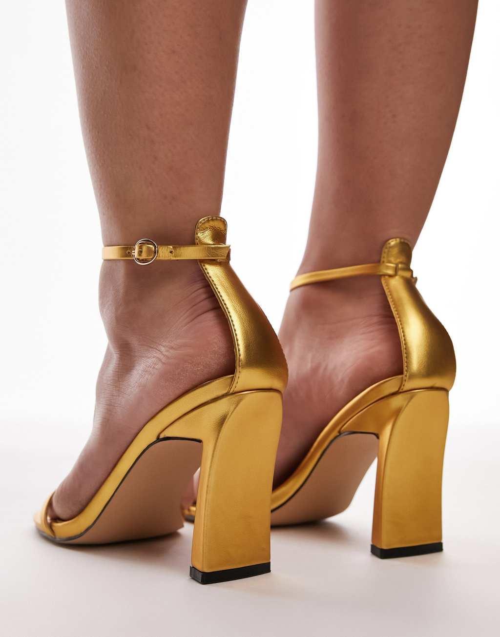 Topshop Wide Fit Goldie high heeled two part sandals in gold Product Image