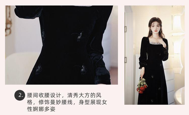 Long Sleeve Square Neck Floral Embroidered Ruffle Panel Velvet Maxi A-Line Dress Product Image