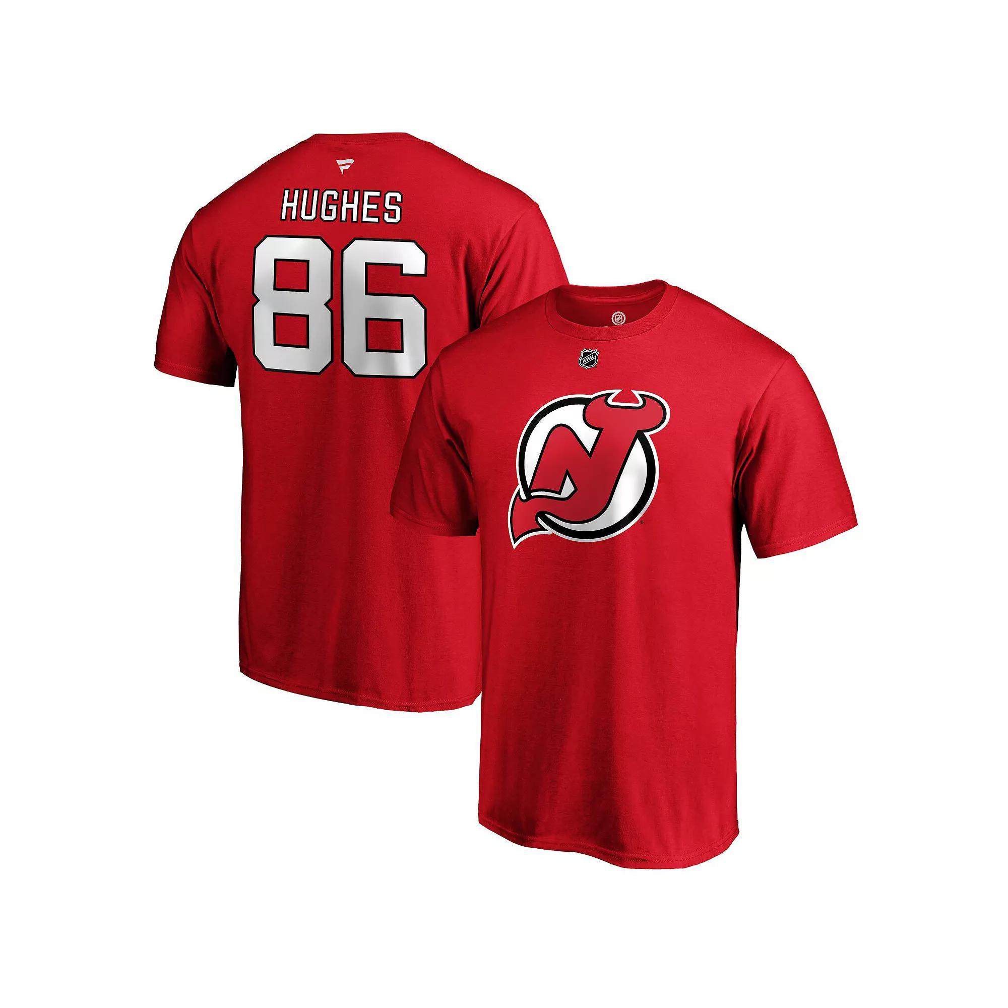 Men's Fanatics Branded Jack Hughes Red New Jersey Devils Authentic Stack Name & Number T-Shirt,  Product Image