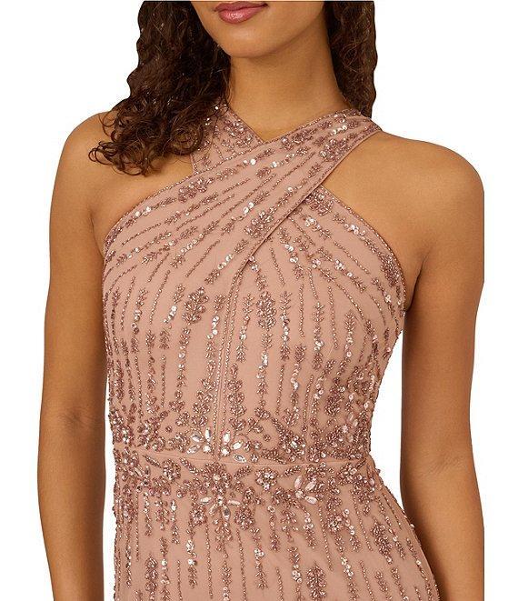 Adrianna Papell Criss Cross Halter Beaded Mesh Sheath Gown Product Image