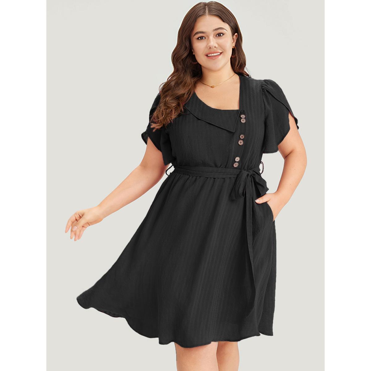 Plus Size Solid Irregular Neck Pocket Button Detail Petal Sleeve Dress Black Women Office Button Asymmetrical Neck Short sleeve Curvy Knee Dress BloomChic 26/4X Product Image