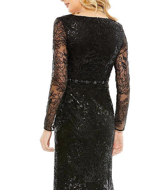 Mac Duggal Sequin Long Sleeve Surplice V-Neck Beaded Sheath Gown Product Image