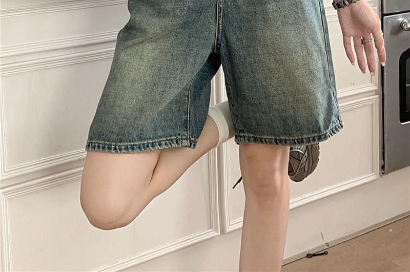 High Waist Washed Wide Leg Denim Shorts Product Image