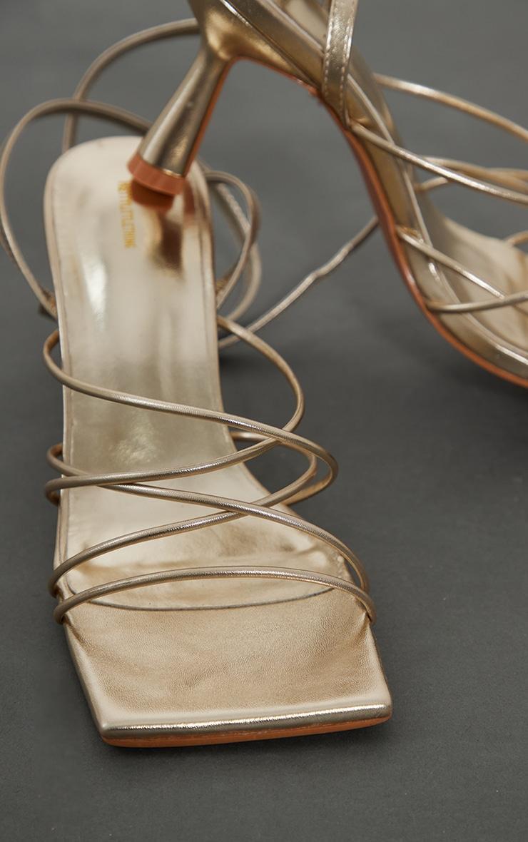 Gold PU Metallic Square Toe Cross Over Strappy Mid Heeled Sandals Product Image