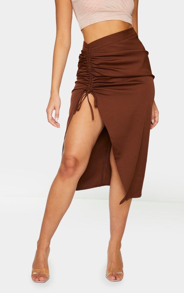 Chocolate Woven Ruched Detail Midi Skirt Product Image