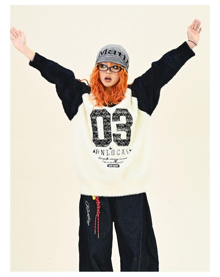 V-Neck Fluffy Numbering Raglan Oversized Sweater Product Image