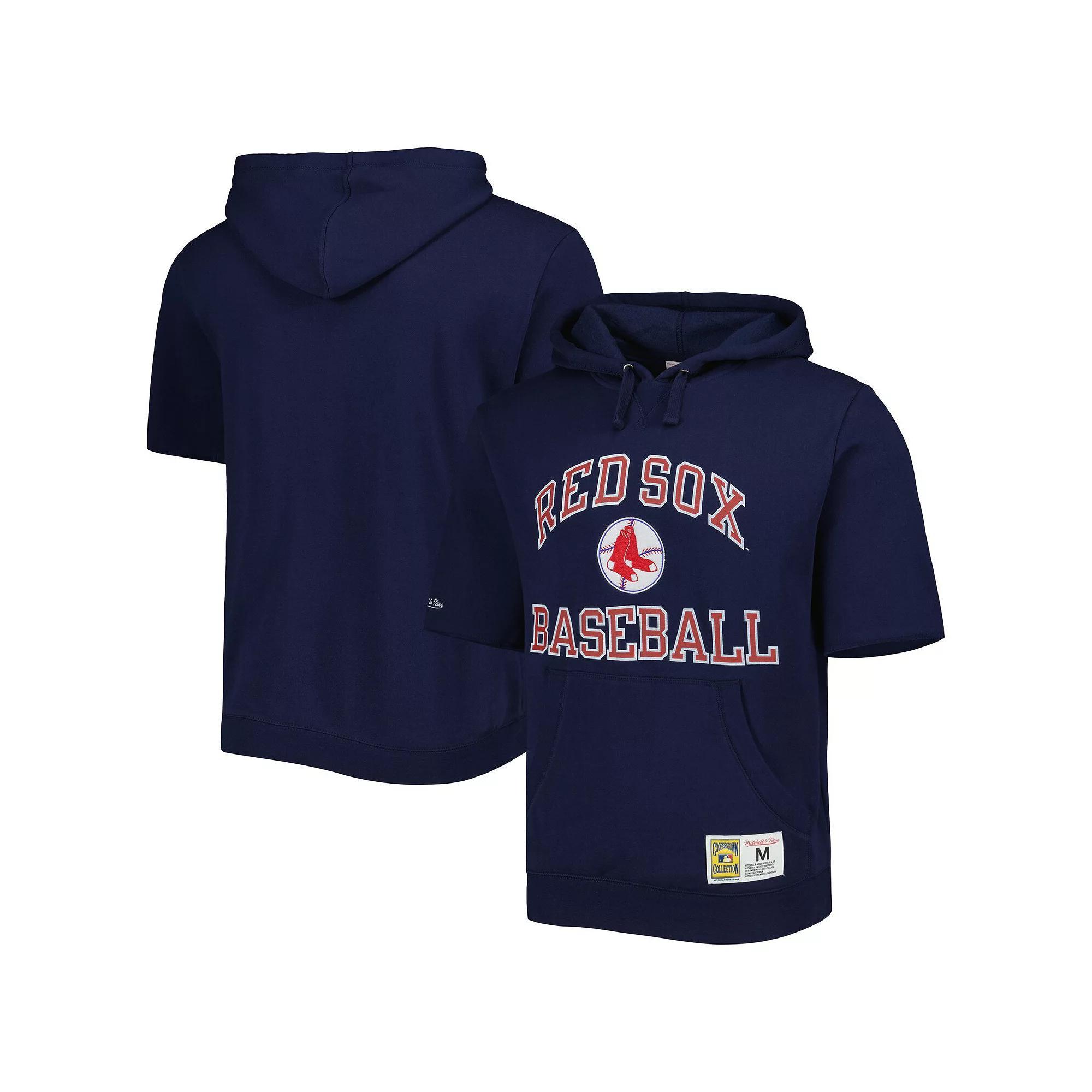 Men's Mitchell & Ness Navy Boston Red Sox Cooperstown Collection Washed Fleece Pullover Short Sleeve Hoodie,  Product Image