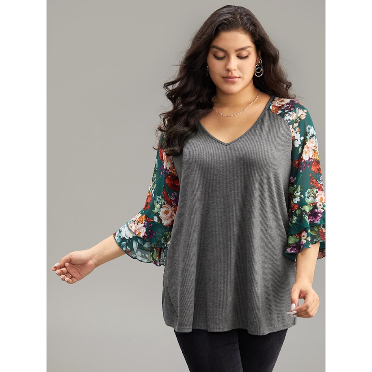 Plus Size Floral Patchwork Flutters Raglan Sleeve T-shirt DimGray Women Elegant Printed Floral V-neck Dailywear T-shirts BloomChic 28/5X Product Image