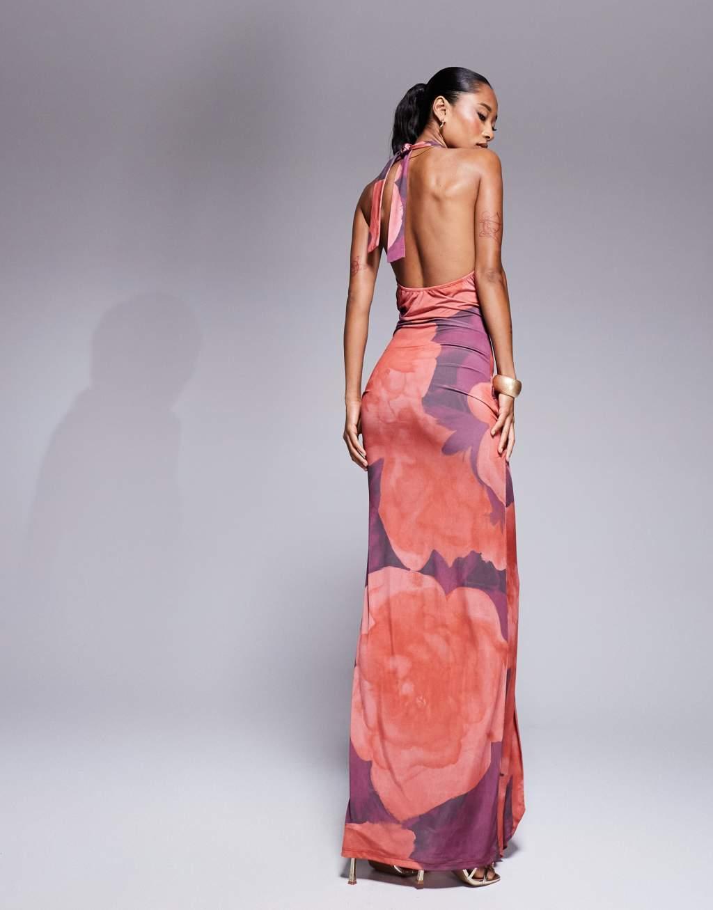 ASOS DESIGN cowl neck maxi dress with waist wrap detail in dark pink floral print Product Image