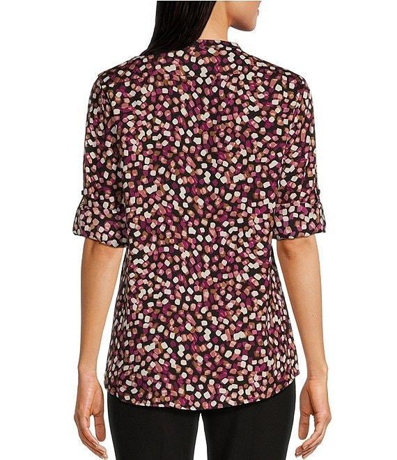 Calvin Klein Abstract Dot Printed Split V-Neckline Roll Tab Long Sleeve Blouse Product Image