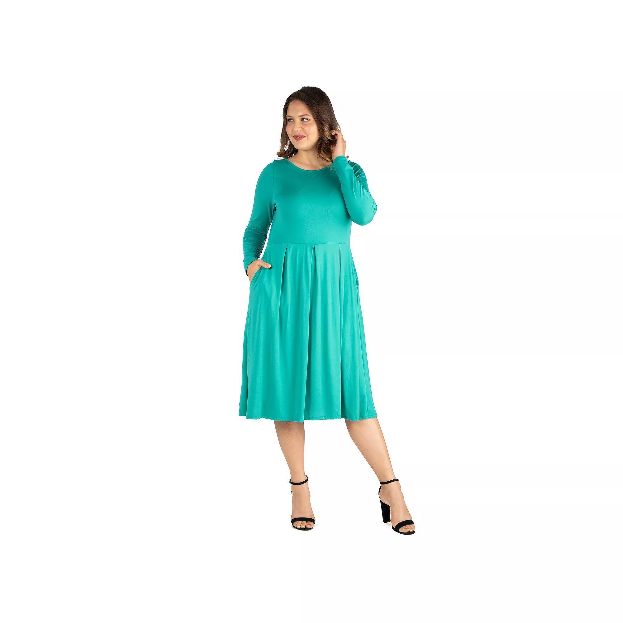 Plus Size 24seven Comfort Apparel Long Sleeve Fit and Flare Midi Dress, Women's, Size: 2XL, Green Product Image