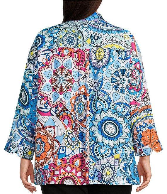 Ali Miles Plus Size Medallion Print Wire Collar 3/4 Sleeves Button Front Tunic Product Image