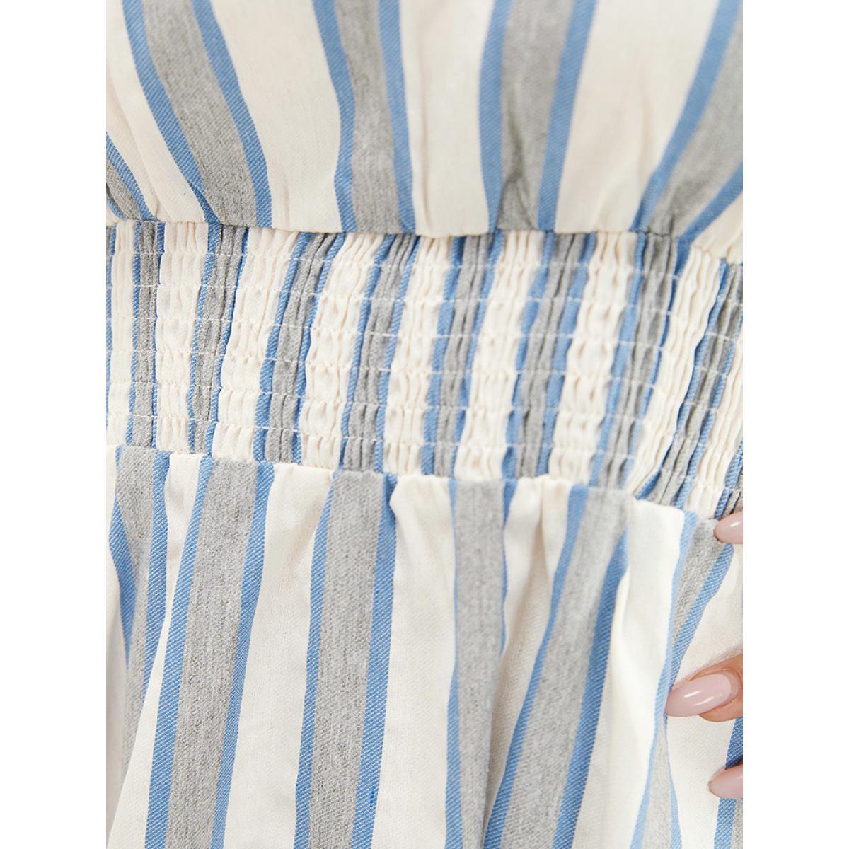 Plus Size Striped Contrast Pocket Shirred Flutter Tiered Dress Blue Women Resort Non V-neck Short sleeve Curvy Midi Dress BloomChic 10/M Product Image