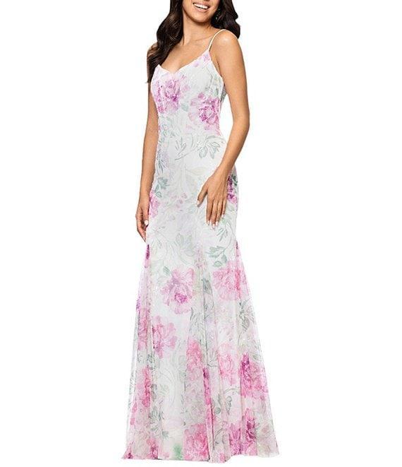 Betsy & Adam Sequin Floral Print V Neck Sleeveless Mermaid Gown Product Image