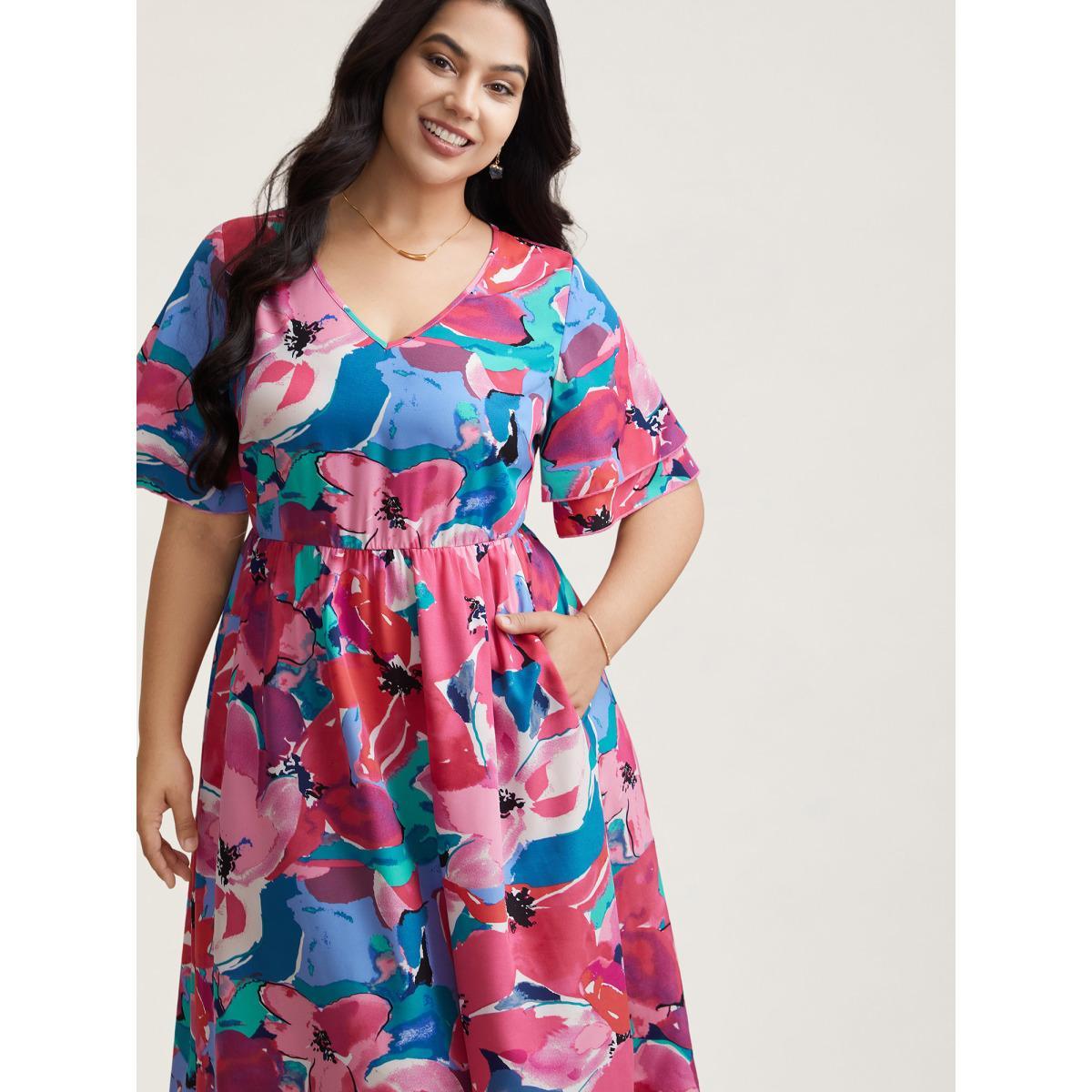 Plus Size Multi-Color Floral V-Neck Pockets Midi Dress Skyblue Women Elegant Ruffles V-neck Short sleeve Curvy BloomChic 12/L Product Image