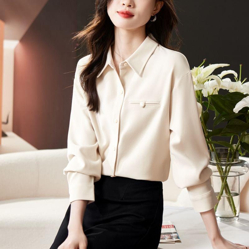 Long-Sleeve Button-Up Plain Shirt Product Image