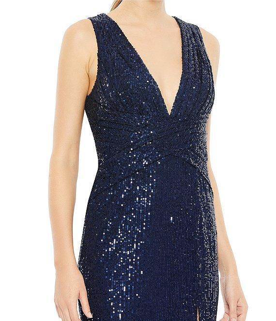 Mac Duggal V-Neck Sleeveless Ruched Waist Front Slit Sequin Gown Product Image