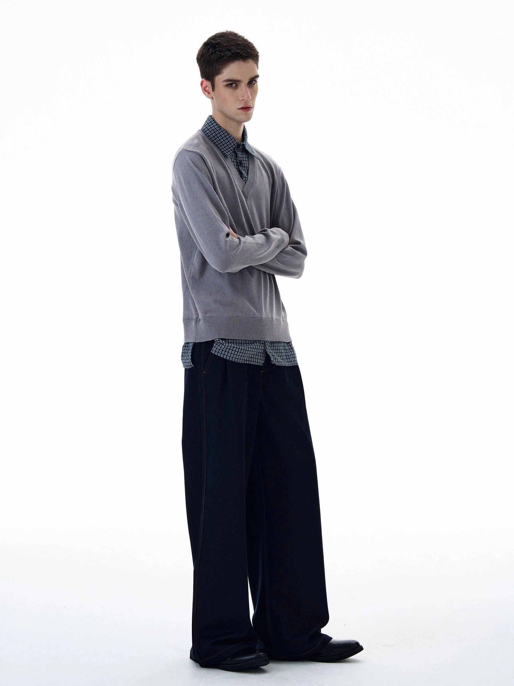 RT No. 20008 TWO PIECE BUTTON-UP SHIRT V-NECK SWEATER Product Image