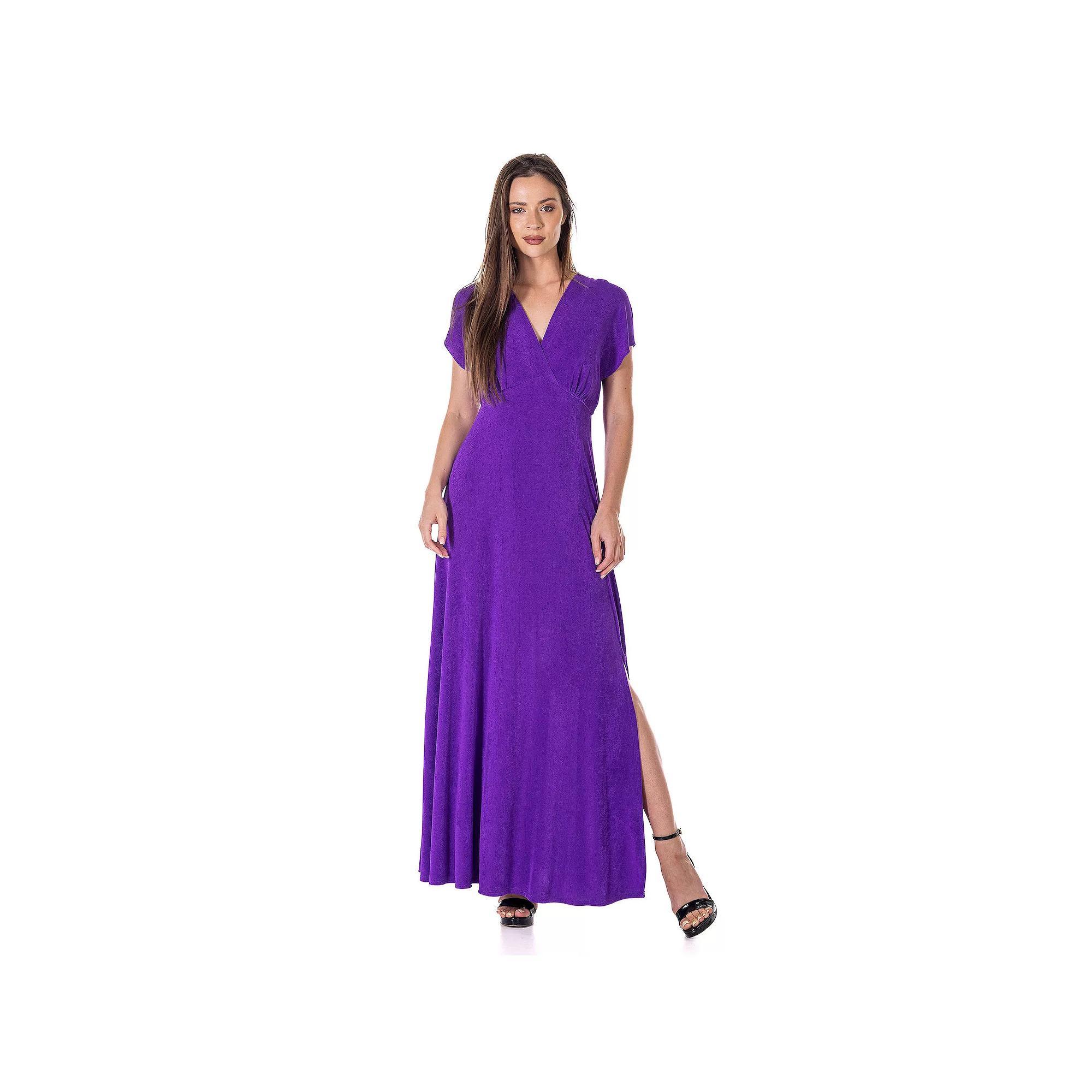 Women's 24Seven Comfort Apparel Flutter Sleeve Metallic Knit Maxi Dress Front Slit Empire Waist, Size: Small, Purple Product Image