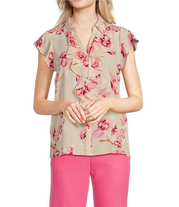 Calvin Klein Floral Flutter Sleeve Collared Ruffle Button Front Blouse Product Image