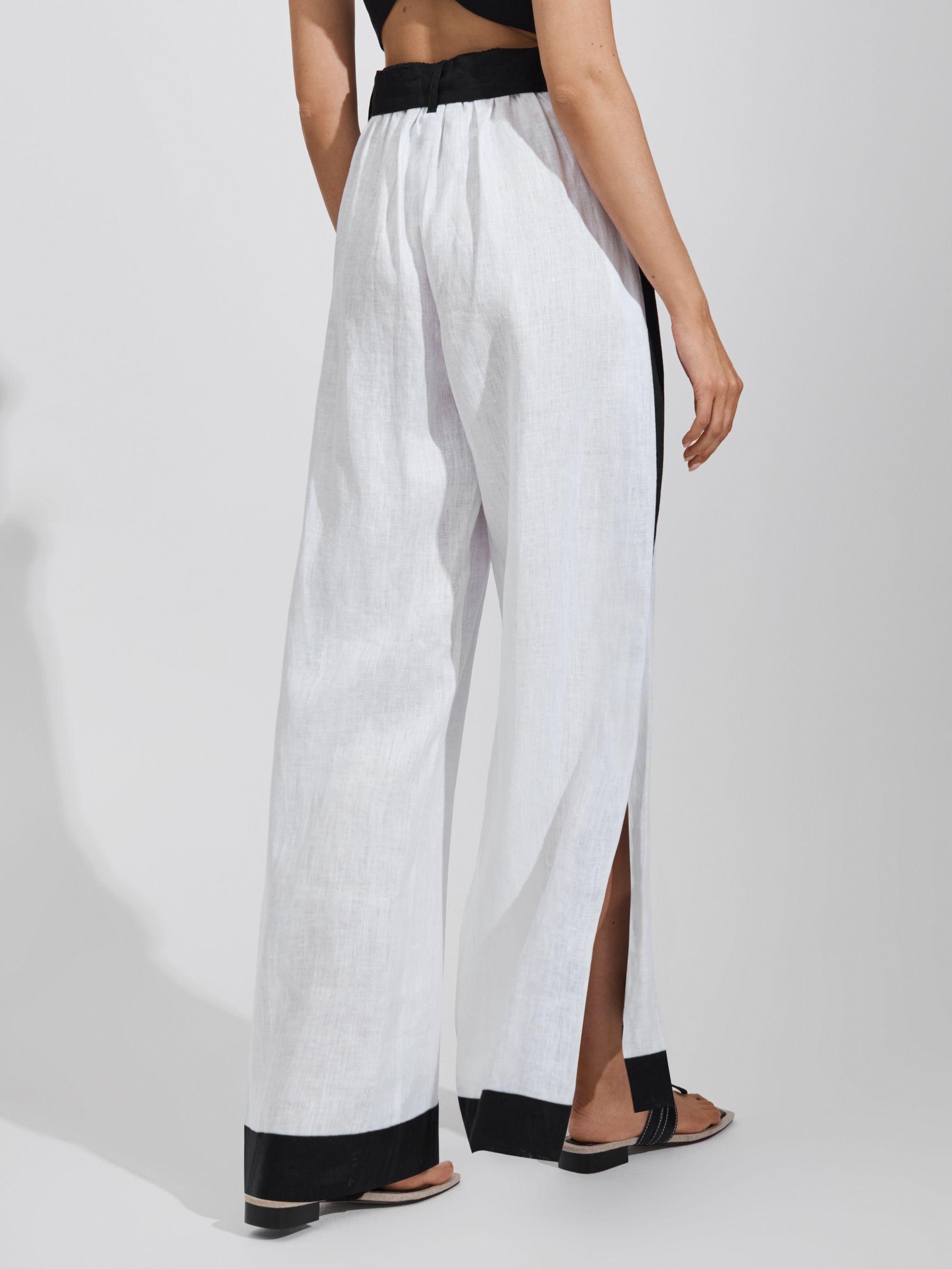 Linen Side Split Trousers in White/Navy Product Image