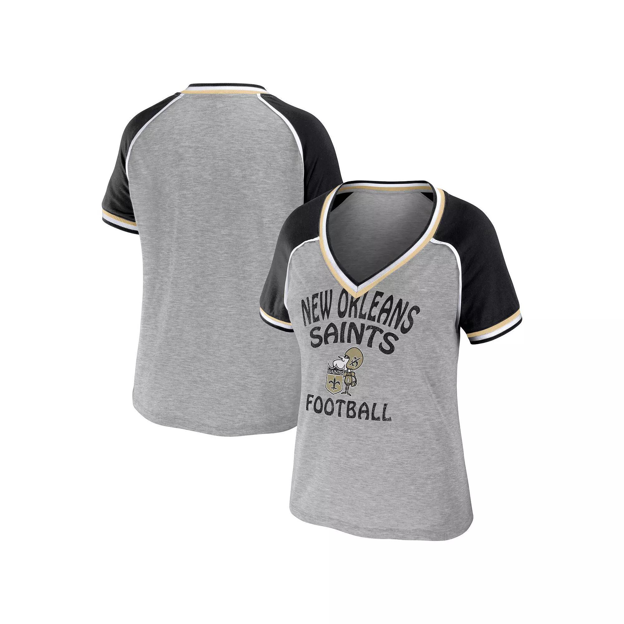 Women's WEAR by Erin Andrews Heather Gray New Orleans Saints  Throwback Raglan V-Neck T-Shirt, Size: XS, Grey Product Image