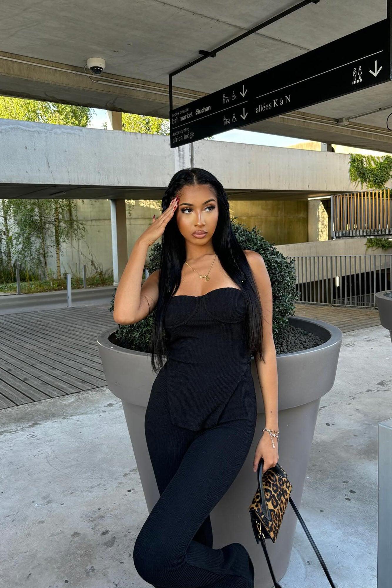 Call My Name Ribbed Pant Set - Black Product Image