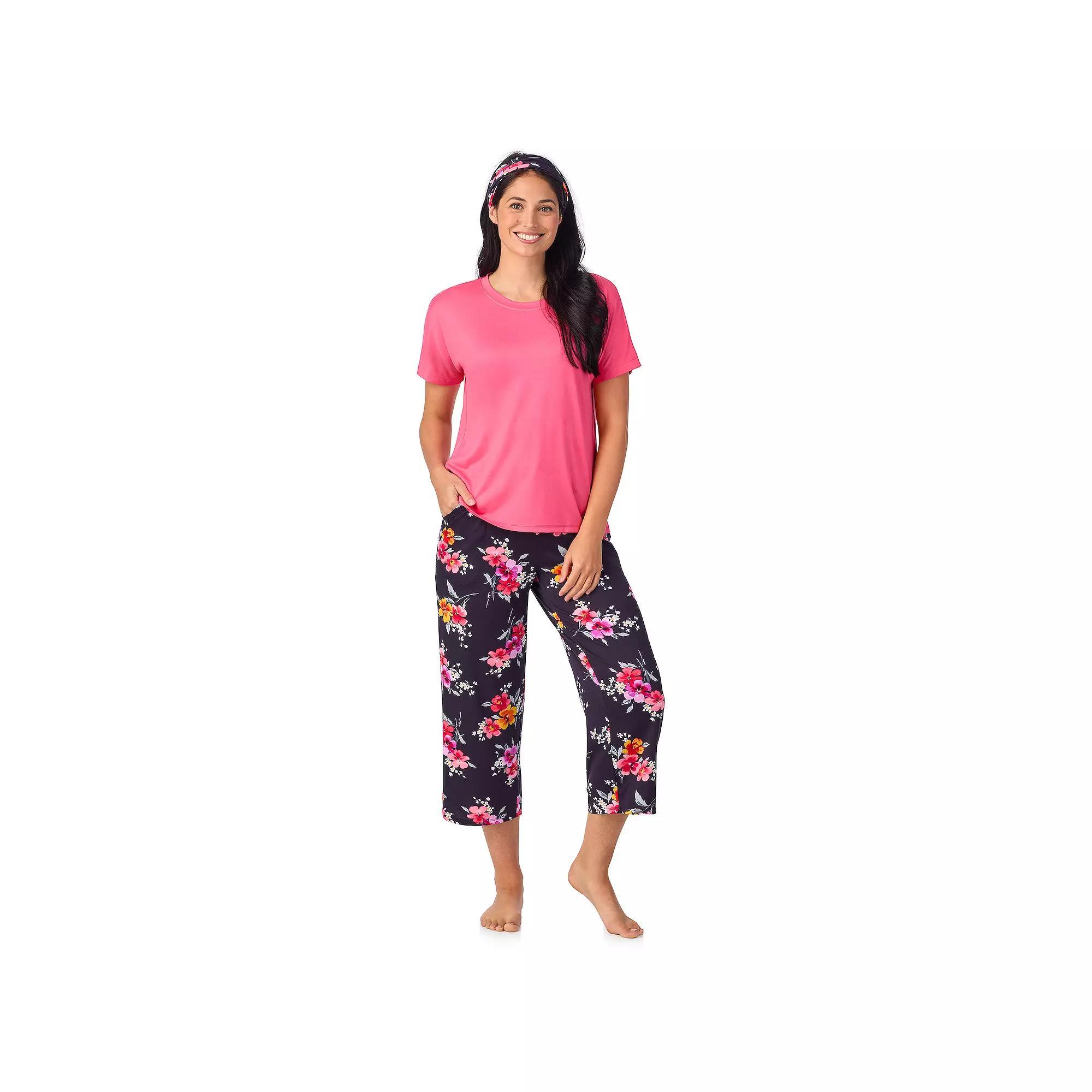 Women's Cuddl Duds® 2-pc. Pajama Crewneck Top & Pajama Capri Pants Set with Matching Headband, Size: Medium, Blue Floral Product Image