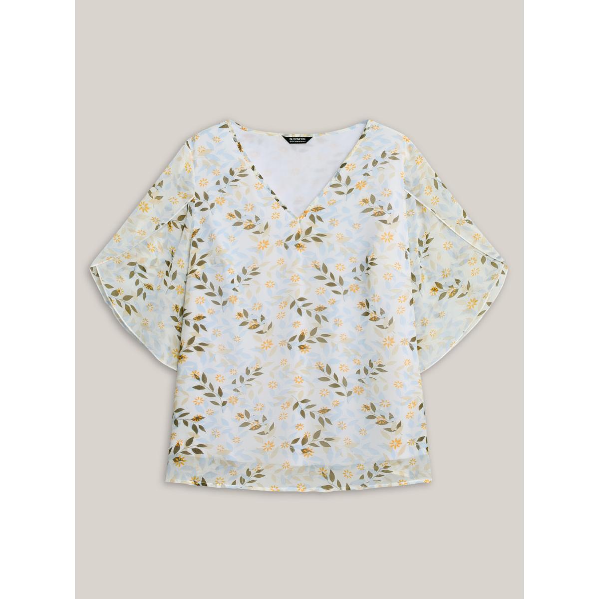 Plus Size Originalwhite Leafy Floral Print Petal Sleeve Blouse Women Elegant Elbow-length sleeve V-neck Everyday-Elegant Blouses BloomChic 10/M Product Image