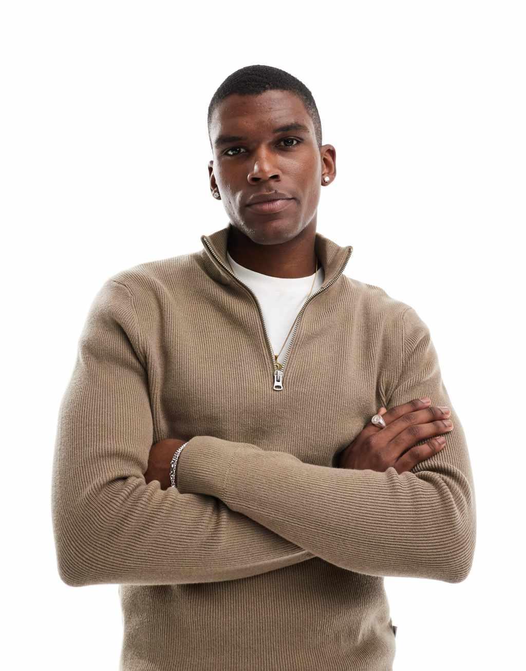 ONLY & SONS ribbed half zip sweater in light brown Product Image