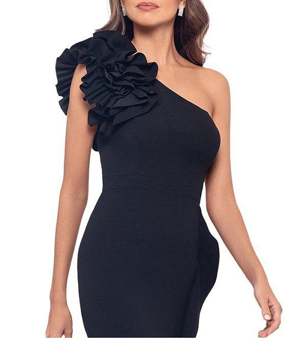 Xscape 3D Ruffle Shoulder Ruffle Front Asymmetrical Hem Scuba Crepe Midi Dress Product Image