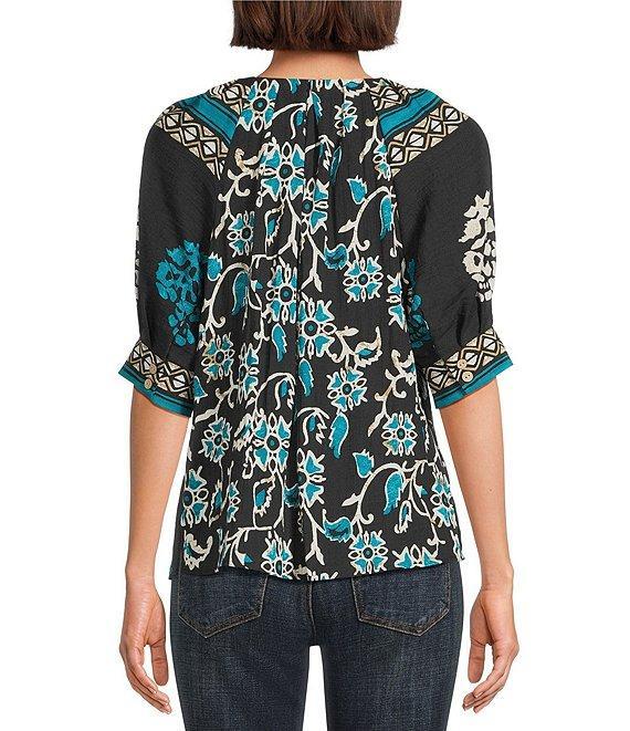 Tru Luxe Jeans Floral Border Print Split V-Neck Elbow Sleeve Top Product Image