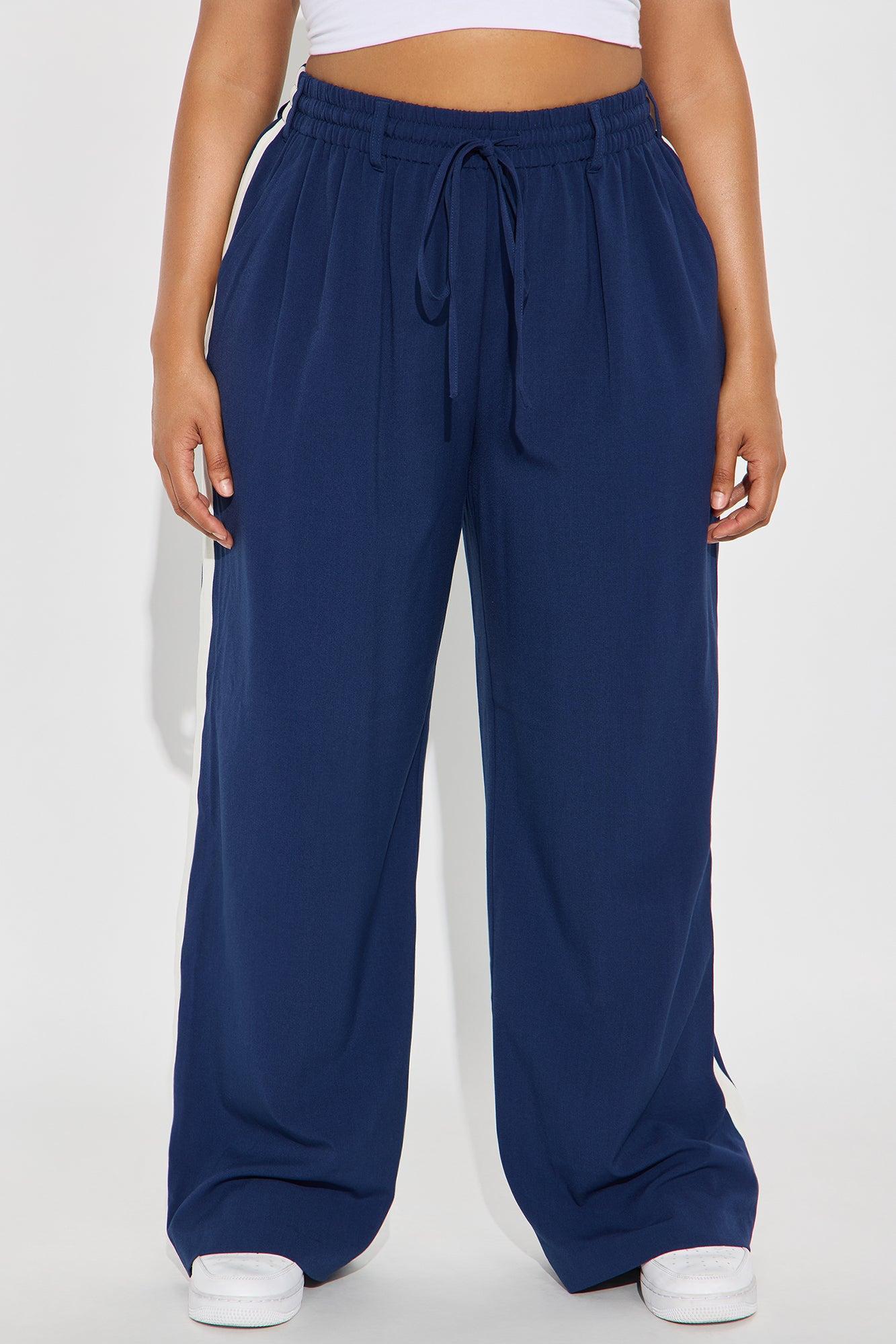 On Track Wide Leg Woven Side Stripe Pants - Navy Product Image